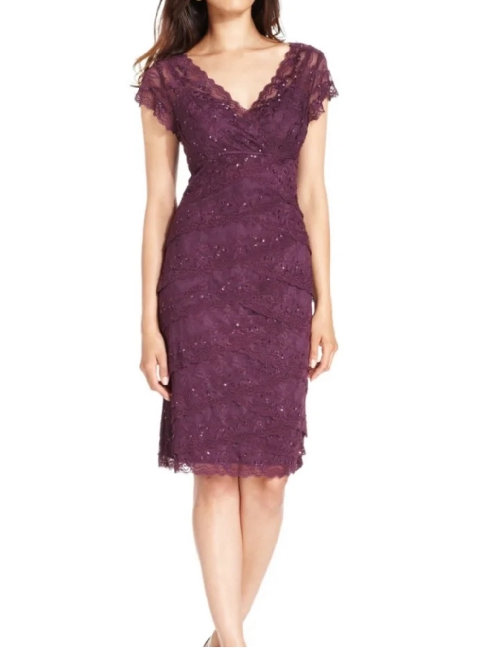 Elegant Dress Barn Purple Lace Beaded V-Neck Sheath Dress